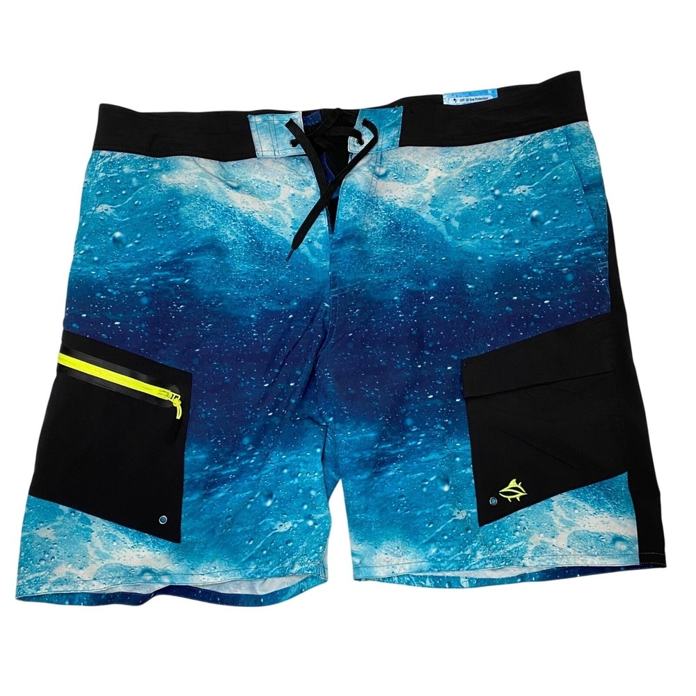 Loco Skailz Performance Fishing Board Shorts Mens 42 Blue Water Print UPF 50 NWT